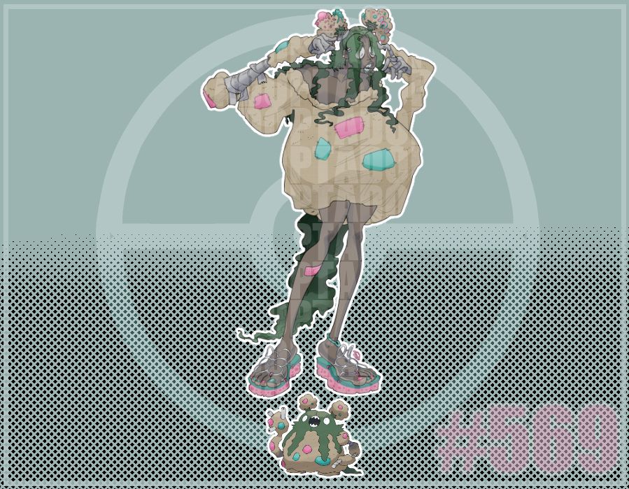 A humanized design of the Pokemon Garbodor! This was the first attempt at creating rare gijinkas and she has a special place in my heart. This design features a tall, hunched over woman with long legs and large feet. Her "sandals" are made of can holders and sponges; they are pink and blue that match the colors of her toenails. There is a pink bandaid on her right (our left) leg. She wears an oversized burlap sack that she fashioned into a shirt, covering it in pink and blue patches. Her right (our left) arm has wrappings around the forearm that match the material wrapping her hands. She has seaweed green hair that obscures part of her face. It is long and well past her knees with a wavy texture. The top of her head has two pigtails decorated in miscellaneous pink and blue garbage that she uses for hair accessories. Her face is gaunt and her mouth is open in surprise showing off her jagged teeth. A really big cutie, if you ask me!