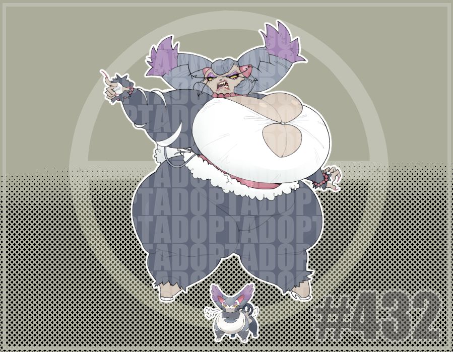 A humanized design of the Pokemon Purugly! This design is one of my favorites since you don't see Purugly gijinka very often! It features a hyper busty woman who's waist cincher creates an exaggerated hourglass. She has small feet in white heels. Her bodysuit is grey and white with the seams of the sleeves splitting open. She wears red pearls around her wrists and neck that match her corset and hair accessories. She has a ferocious scowl as she points off-screen. Her hair is gathered in two large multi-colored buns that resemble Purugly's cat ears.