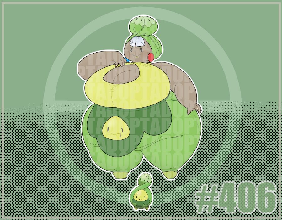 A humanized design of the Pokemon Budew! This design features a stout build woman with a gentle face. She has very wide hips and large bust with small feet. She is wearing green pants with lighter green boots that match her criss-cross tank top. She has a dark green apron that has a pouch in the front resembling Budew's face. Her wide disk-like earrings are blue and red that resemble Budew's inner seeds. Only her white bangs stick out from underneath her green headwrap that resembles the top of Budew's twisted head.