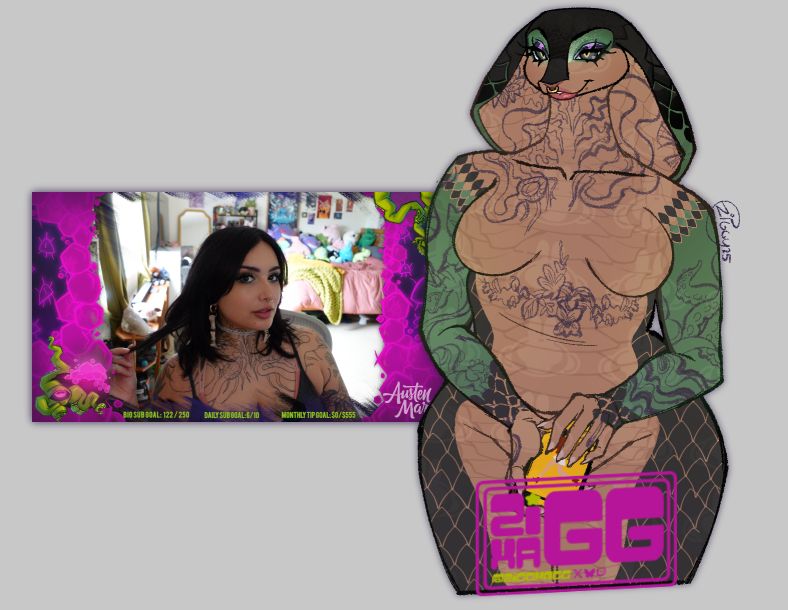 On the right features my artwork of a snake woman inspired by Austen!! On the left is an image of Austen who is so pretty and cool and does tarot and you should go follow austenmarie.com‬ on BSky!