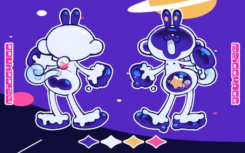 A front and back illustration of ZiggXagg, a slimy snail-simian! It's main colors are purple, white, yellow, and pink.