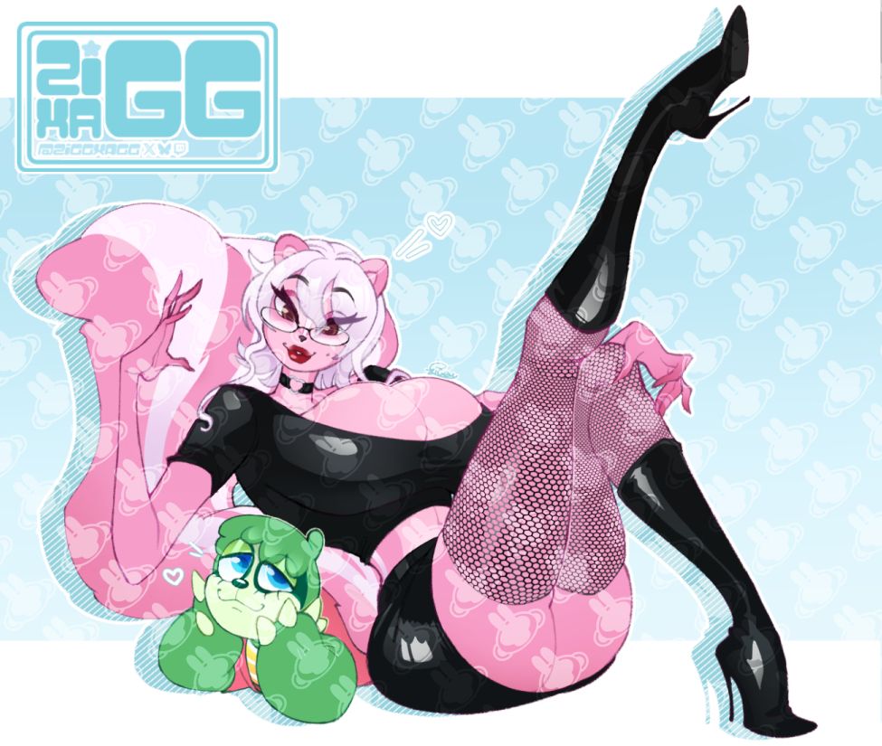 Image of Skellydoll and Hibbysloth. Skellydoll is a pink cartoon skunk posed with her right (our left) leg in the air in a sitting position. She wears glasses and is clad a black two piece outfit, fishnets, and knee high boots. She had a playful expression. Underneath Skellydoll is Hibbysloth, a green cartoon sloth. They are laying on their stomach under Skellydoll's tail. They are propped up on their elbows with their cheeks in their large claws as they look up at Skellydoll with a sleepy-eyed smile. They are posed on a soft blue background.