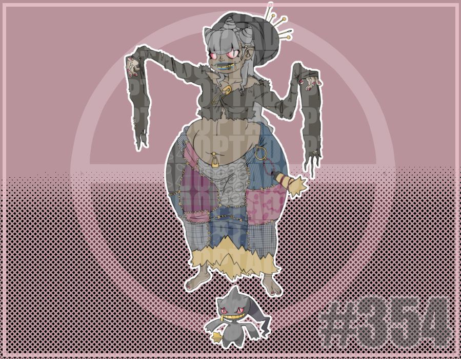A humanized design of the Pokemon Banette! This design was custom requested and features a very bottom heavy person. They wear a tattered patchwork dress and an old frayed long-sleeved halter top. The sleeves are long and torn at the ends. They have a zipper bellybutton piercing and another as a lip ring. Their hair has a blunt bang and the rest is half-up and half-down — the top half is three hair knots and the rest hangs down past their shoulders. They have a large headwrap with needles pinned into the top like a cushion. 