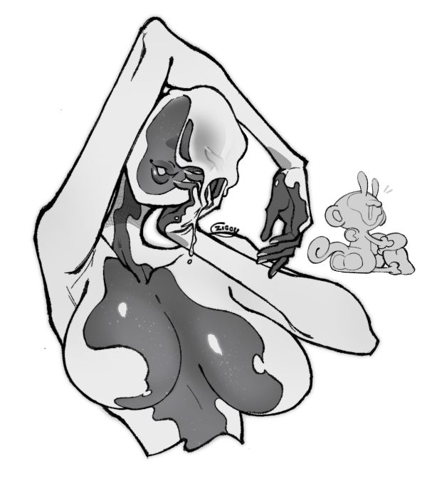 Black and white doodle of ZiggXagg! (That's me!) On the left is the larger sketch, a waist up of Zigg who is posing with one arm over their head and another raised with a hand on their cheek. They have a feminine humanoid form. On the right is a smaller sketch of Zigg in their small, default cartoon form. It's little body is sitting and facing away from the audience. It's butt is pointed at the camera and it seems to have a face of surprise at being spotted!