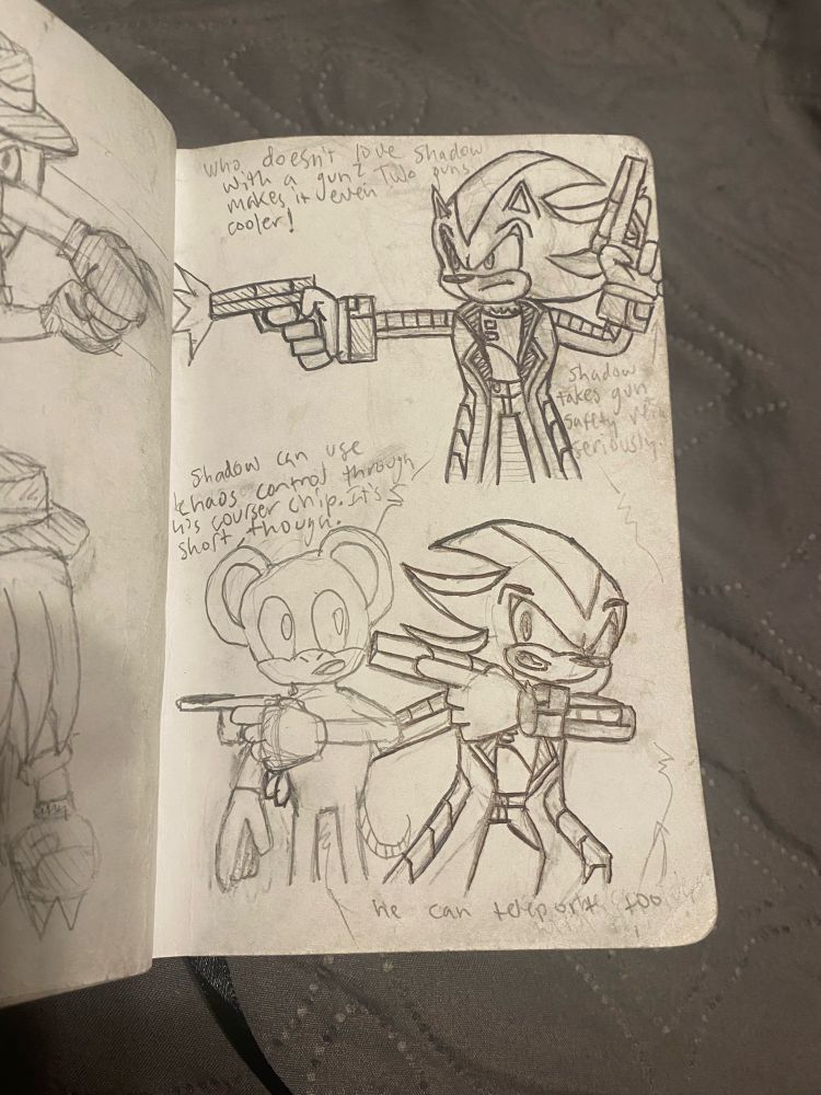 Drawings: The top drawing is of a hedgehog with quill highlights + eyeliner (Shadow the hedgehog) dual wielding two 9mm pistols, shooting one while holding the other upwards. He is wearing a trenchcoat, his traditional bulky gloves + the limiter rings, and an institute courser uniform underneath. 
The bottom drawing is of the same hedgehog teleporting to the side of a humanoid mouse, his gun pressed against the mouse’s head. He is wearing the same clothing as above, though he is only wielding one 9mm pistol. The mouse is wielding a shanxi type 17 chinese pistol, specifically the one from fallout 3. The mouse has a shocked expression, whereas the hedgehog has an angry face. 

Descriptions: (above the first picture) “Who doesn’t love shadow with a gun? Two guns makes it even cooler!” ; (next to the arrow pointing at shadow’s arm that is holding a pistol upwards, his finger notably off the trigger) “Shadow takes gun safety very seriously.” ; (above the second picture) “Shadow can use Chaos Control through his courser chip. It’s short, though.” ; (below the second picture) “he can teleport too”.