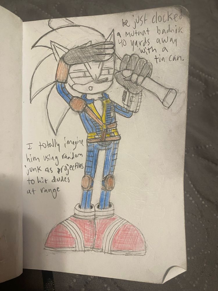 Picture: A hedgehog (Sonic the hedgehog) is holding a bat behind his head while shading his eyes with the other hand, squinting as if to see something in the distance. His mouth is pursed in an O shape, as if he is whistling. He is wearing a blue and yellow jumpsuit (the vault suit) that is partially open to reveal a white undershirt. He is wearing a shoulder pad, a chest harness, and a belt, coupled with knee guards and a wrist guard. His other wrist is guarded by a worn personal computation device (the pip boy). Additionally, he is wearing fingerless gloves. 

Descriptions: (above the picture) “He just clocked a mutant badnik 40 yards away with a tin can” ; (beside the picture) “I totally imagine him using random junk as projectiles to hit dudes at range.”