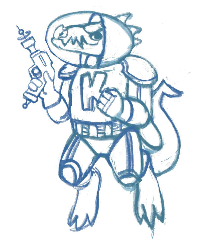 A rough linework sketch of a kobold in a space suit with a laser pistol. They have a big "K" on their chestplate