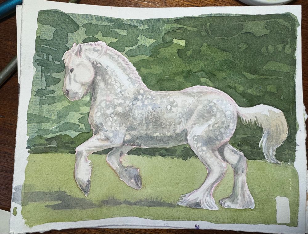 Dapple gray draft horse cantering in a loose watercolour style.