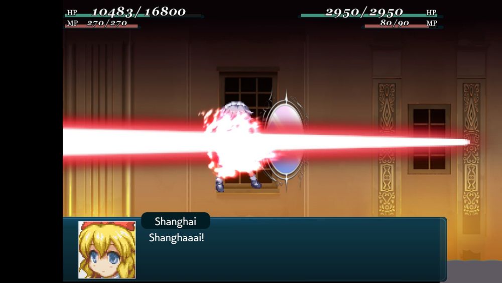 Shanghai says her name and casts a big giant laser that pierces Sakuya's mirror and Sakuya melts.