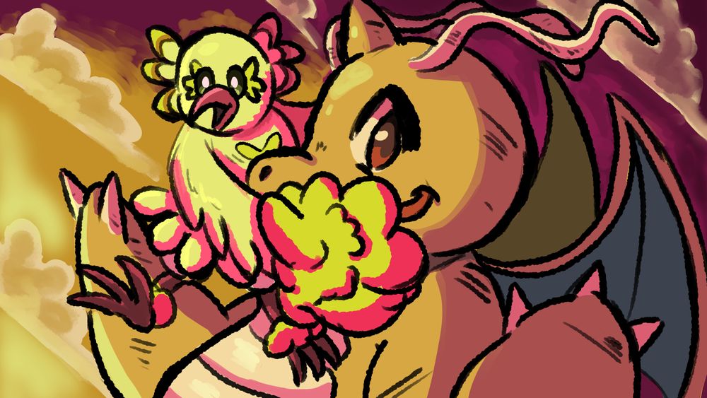 Oriccorio riding on a shoulder of a dragonite