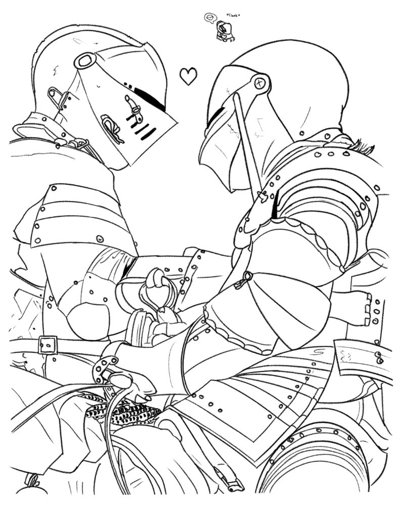 2 knights drawn with only lineart, looking at each other with their visors down, in a way that implies romantic tension