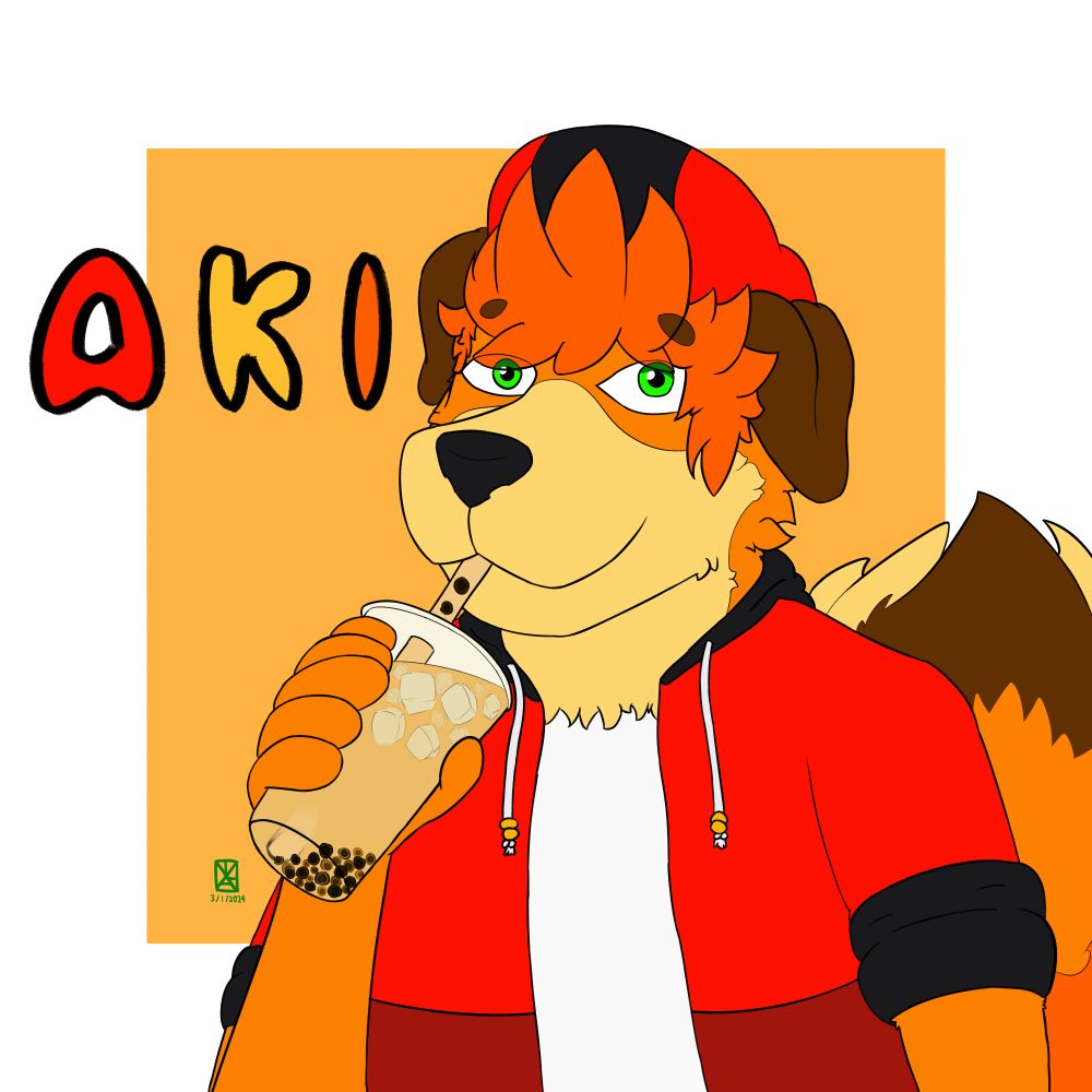 An anthropomorphic German Shepherd with green eyes, floppy brown ears, orange and cream/yellow coloured fur, and a black and red cap, drinking some boba/bubble tea, with the text "Aki" next to their head, which is their name. There is also a yellow square in the background to help improve the visuals of the art.
Art is by twitter(now known as X), bluesky, and instagram user @/axelnotl