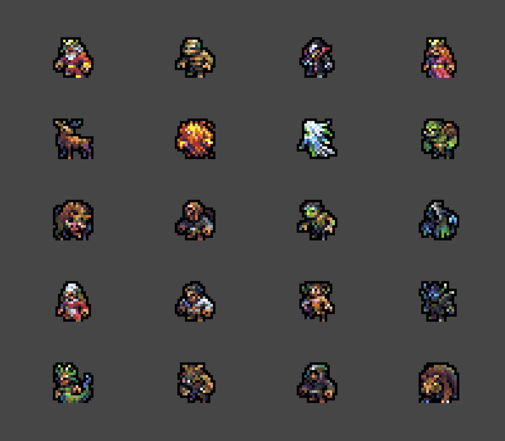 Small pixelart sprites of various creatures and characters like - king, mummy, vampire, wraith, deer, werewolf, boar etc.