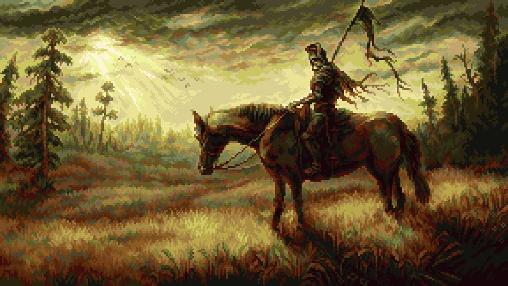 Pixelart of a skeleton knight on a horse, standing in a golden field of grass
