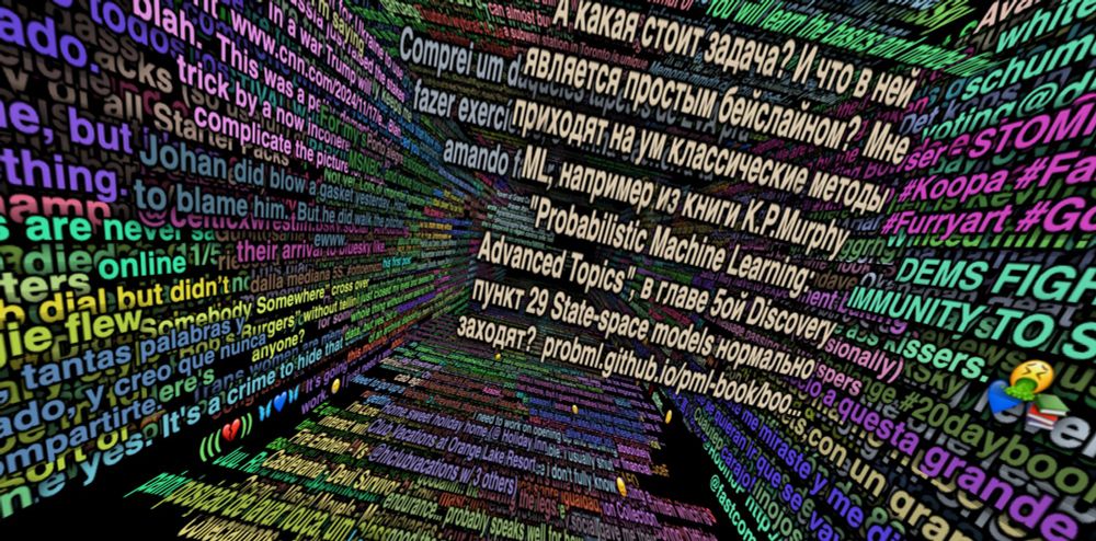 A 3D tunnel of text in different languages.