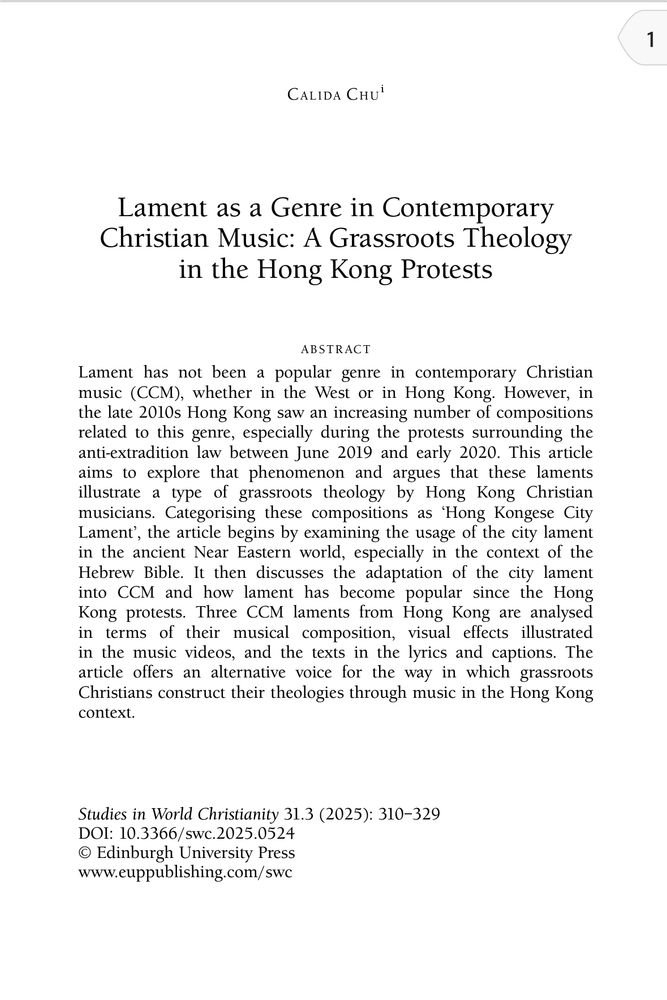 Abstract on city lament, contemporary Christian music, and a grassroots theology in Hong Kong.