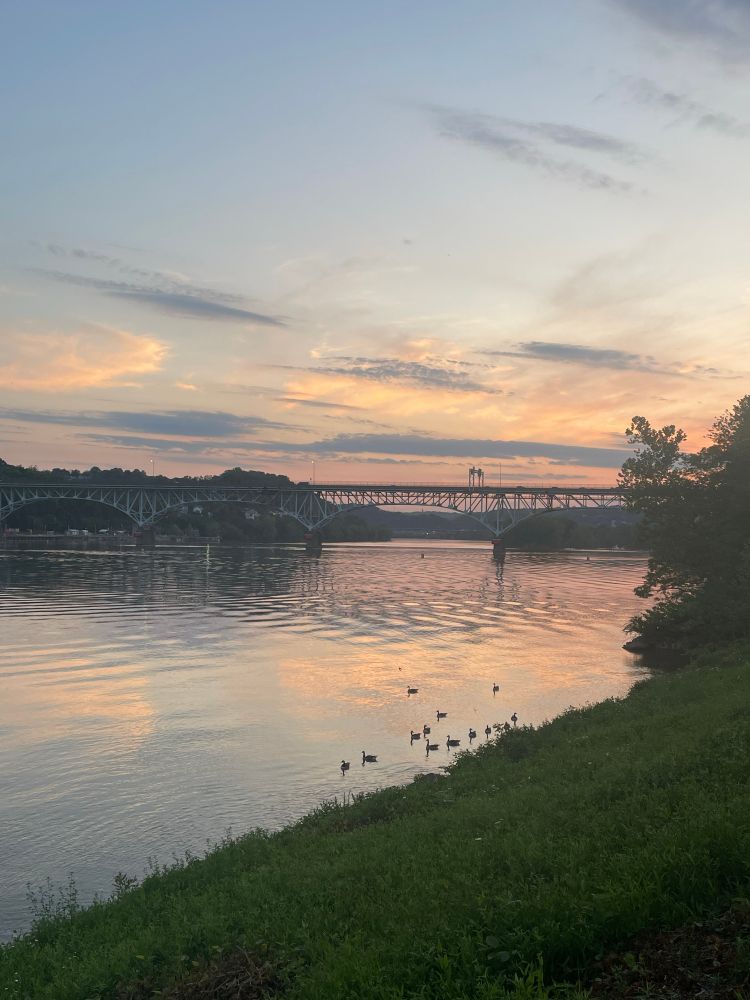Sunset view of the Allegheny River and Brilliant Railroad Bridge 
