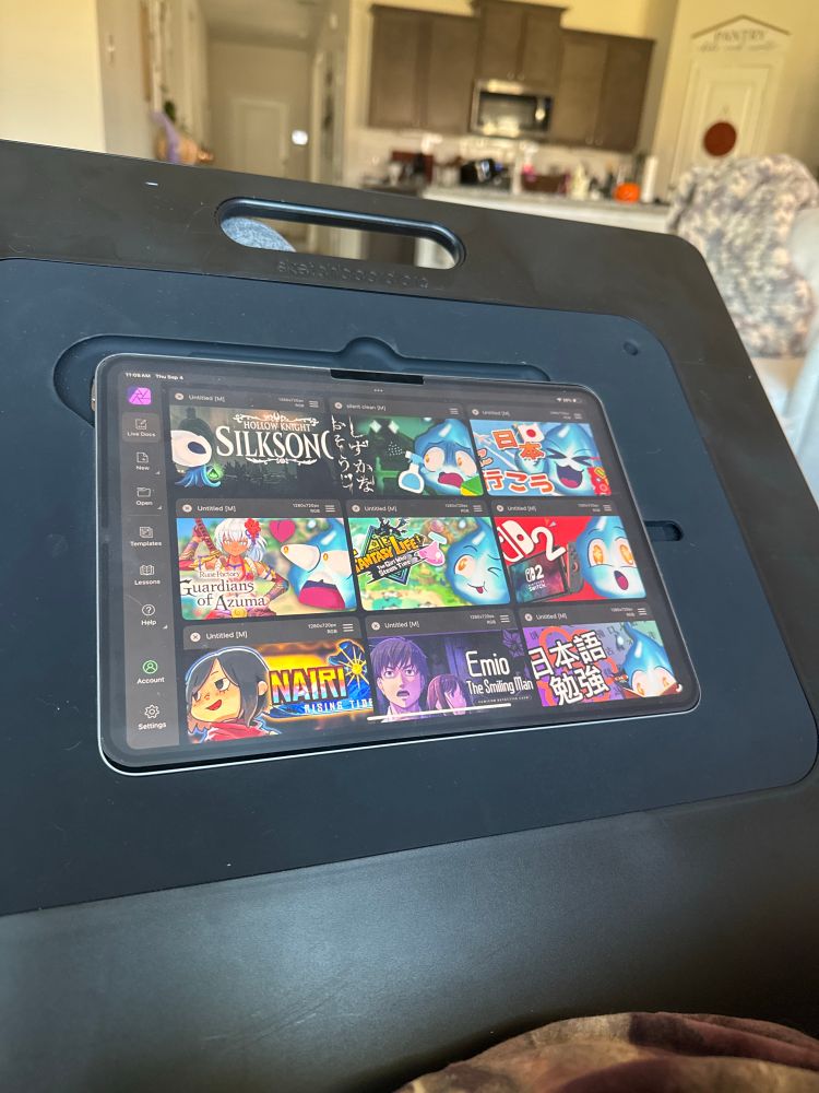 A photo of a sketch board pro holding an iPad with a screen on it showing an affinity photo gallery 