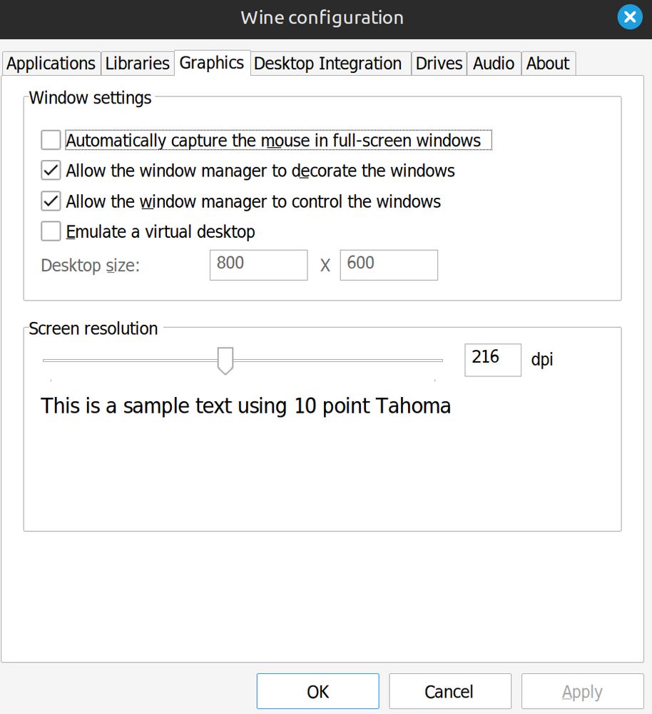 A sreenshot of the wine configuration graphics tab