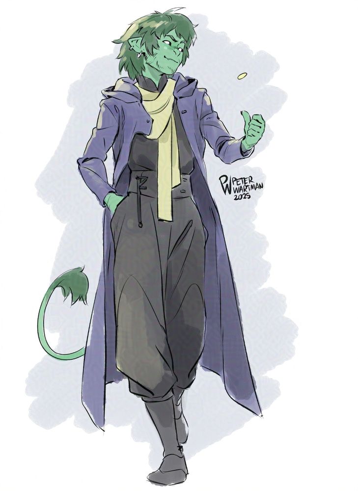 A catlike goblin guy, casually flipping a coin and walking towards the camera.