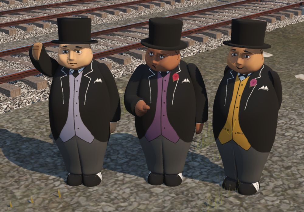 A Trainz screenshot showcasing the three seperate Fat Controller models, as reskinned from Surly's Garage. Sir Topham Hatt (left) is wearing a blue-ish grey waistcoat, and has semi-light skin. Sir Charles Topham Hatt (middle) is wearing a red lapel rose, with a purple waistcoat, and has dark brown skin. Sir Stephen Topham Hatt (right) is wearing a pink lapel rose, a yellow waistcoat with pockets (and a pocketwatch), and has slightly lighter skin than that of Sir Charles.
