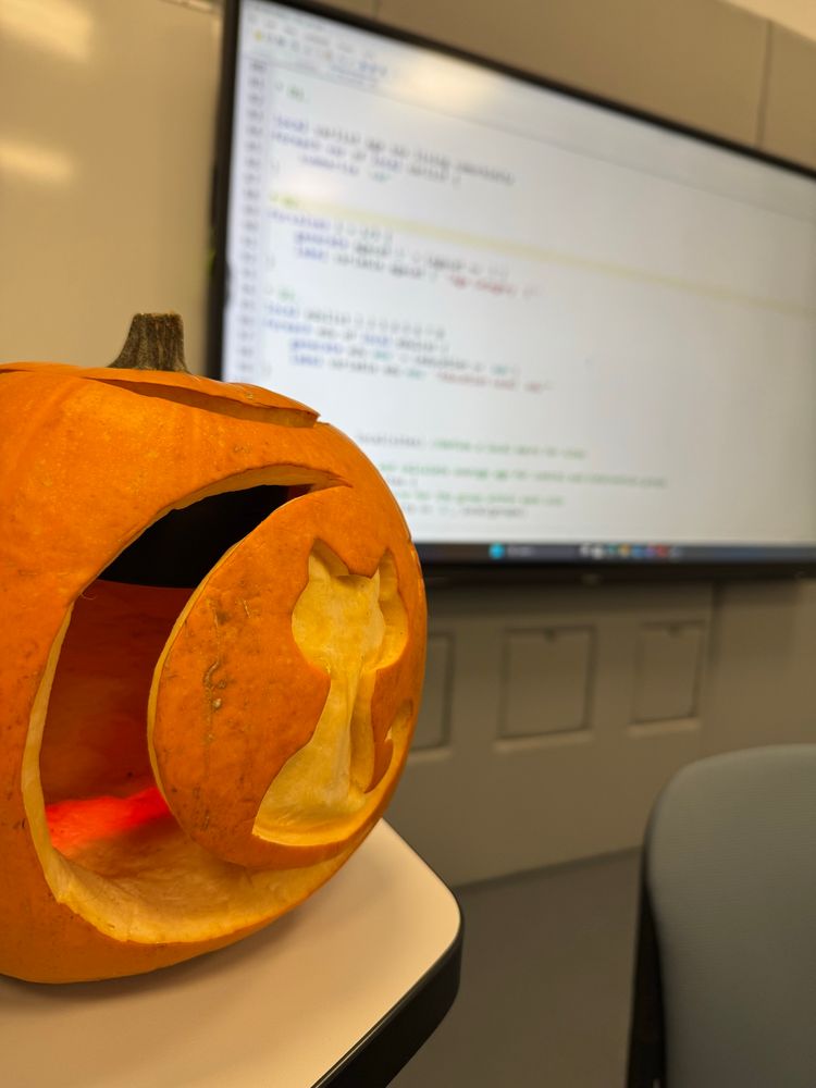 Halloween carve pumpkin with a moon and cat, background STATA do file on class screen