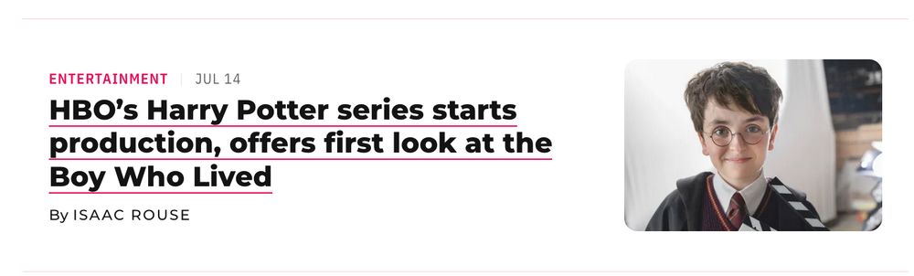 A screenshot of an article on polygon.com with the title "HBO’s Harry Potter series starts production, offers first look at the Boy Who Lived" and an image of the actor playing Harry Potter in the new series.