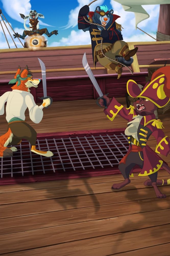 A pirate battle scene featuring Prryce and Arc brandishing swords, Carver swinging over, and Spike manning the cannons. 
