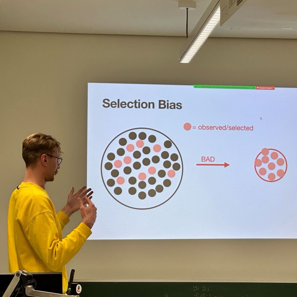 Petro Tolochko stands in front of a presentation slide on ‘Selection Bias’ in a classroom setting. He wears a bright yellow sweater and gestures with his hands as he explains the concept. The slide shows a diagram with a large circle of black and red dots, illustrating a sample selection process where only certain observations (in red) are selected, leading to a smaller, biased subset labeled ‘BAD.’