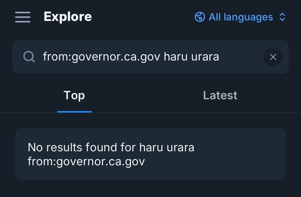screenshot of a bluesky search

Explore
All languages
from:governor.ca.gov haru urara
Top
Latest
No results found for haru urara from:governor.ca.gov