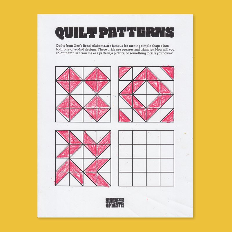 A "quilt patterns" coloring sheet. Partly colored in.