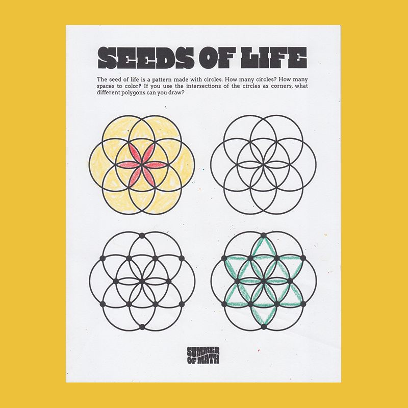 A "seeds of life" coloring sheet. Partly colored in.
