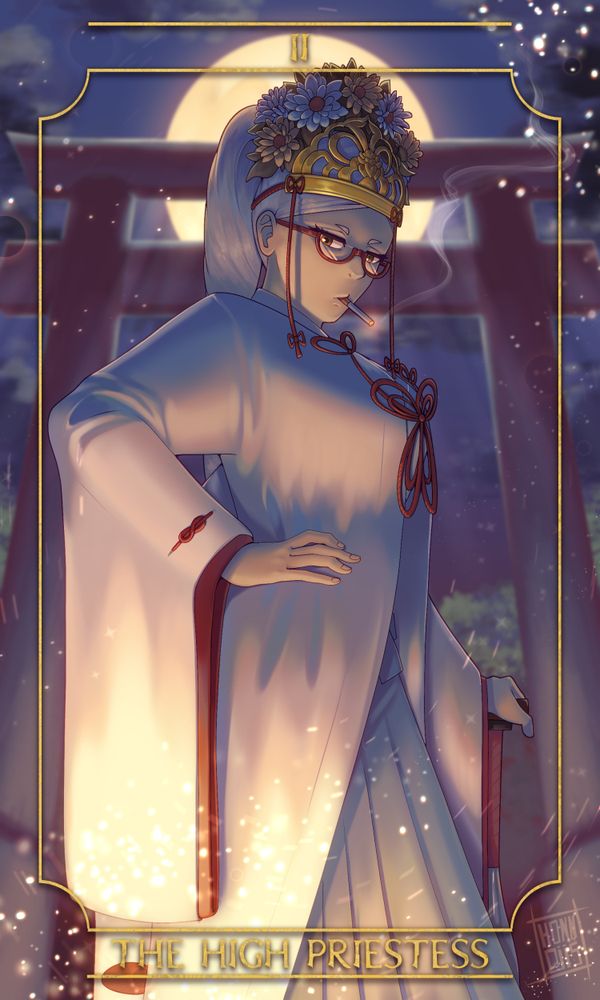 An illustration of a tarot card based on Dandadan, depicting Seiko Ayase as card number two, The High Priestess. She is wearing her white spirit medium robes with a golden crown adorned with flowers on her head, looking directly at the camera. She has a cigarette in her mouth, one of her hands on her hip and the other hand resting on top of her baseball bat. The background is filled with swirling clouds and light from the full moon shining through the Torii gate behind her. All around her are sparkles of light. 