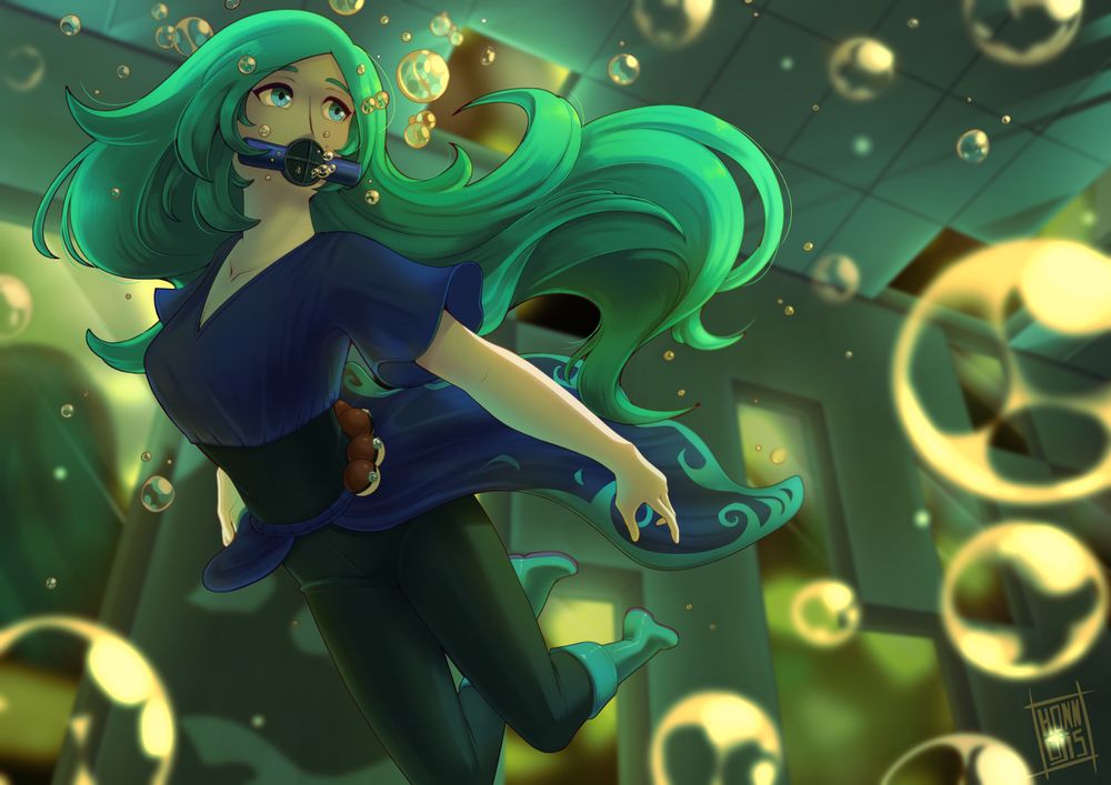 The illustration depicts Amaria, Pokémon Reborn's Water type Gym leader. She has long green hair and is depicted underwater, wearing a blue top and black pants. She has a rebreather in her mouth to be able to stay underwater for longer amounts of time. The background features bubbles surrounding her, and is set in a dimly lit underwater environment.