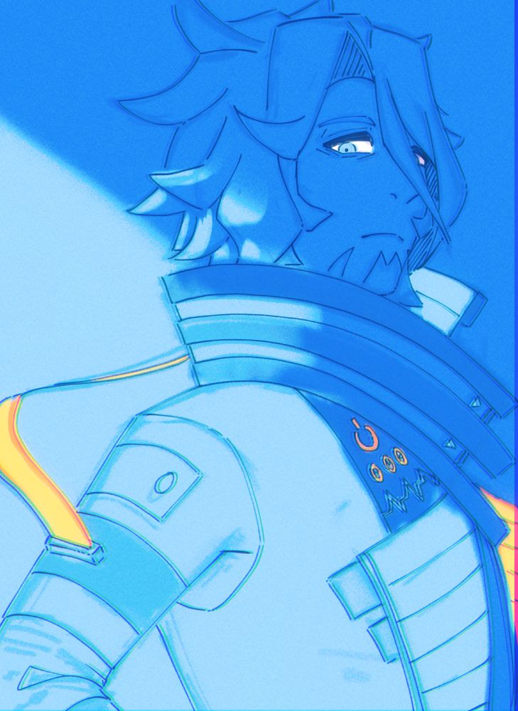 A colored sketch of Pokémon Rejuvenation's Eizen. The sketch is predominantly blue with orange and yellow highlights, with Eizen glancing sideways at the camera.
