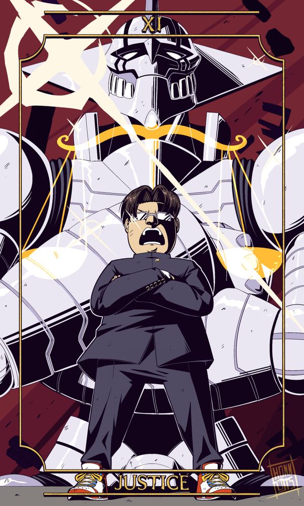 An illustration of a tarot card based on Dandadan, depicting Kinta Sakata as card number ten, Justice. It shows Kinta standing with his arms crossed in front of the Great Kinta, which is mirroring his pose. The drawing is done in the style of the Tengen Toppa Gurren Lagann eyecatchers.