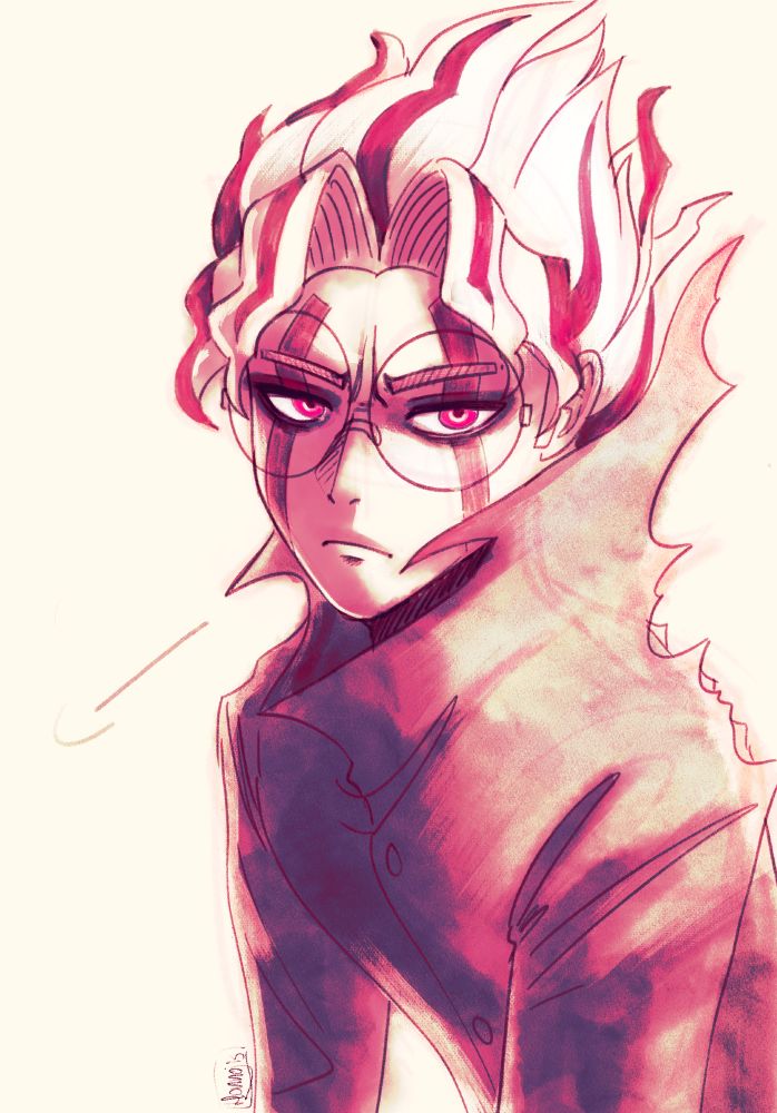 A bright sketch of Dandadan's Okarun in his yokai form, looking at the camera sighing.