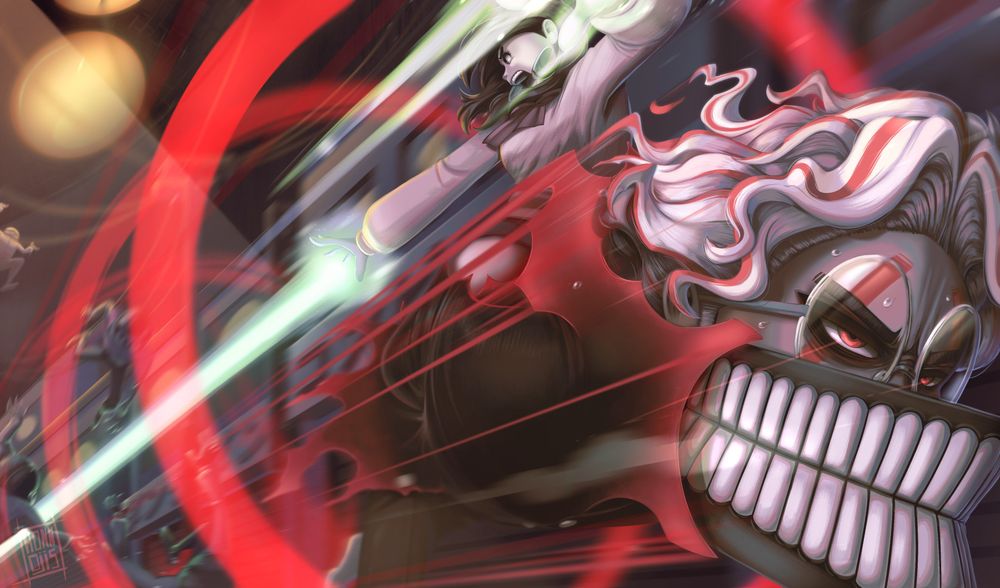 The image depicts a dynamic and intense scene featuring two characters, Okarun and Momo Ayase engaged in a confrontation. Momo Ayase, who has long hair and a determined expression, is wielding glowing green psychic powers, while the other character, Okaru, wears a mask that has a menacing grin, showcasing sharp teeth and wearing glasses. The background is filled with streaks of red and motion lines, suggesting action and urgency. The setting is a dark shopping district zooming by and appears chaotic, with blurred figures in the background—Serpoians who are being knocked back by Momo's psychic powers—enhancing the sense of movement and conflict.
