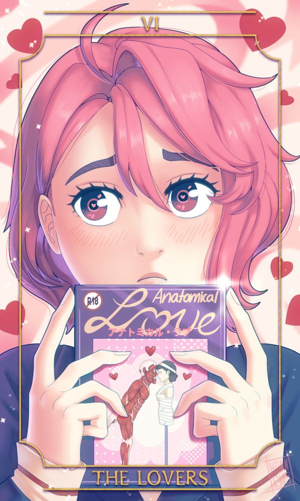 An illustration of a tarot card based on Dandadan, depicting Aira Shiratori (as well as Taro and Hana) as card number six, The Lovers. Aira is seen looking away from the camera, holding up a DVD case of an R18 rated film called "Anatomical Love".