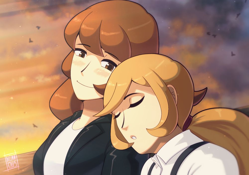 A drawing of a sleeping Melia resting on Venam's shoulder, who is looking towards her with great affection.