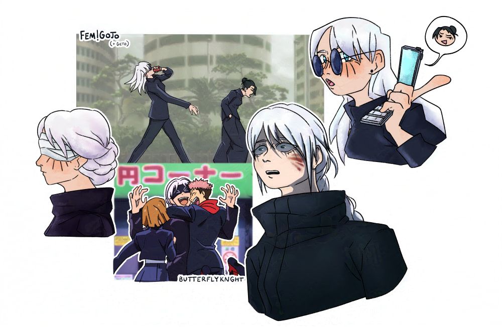 A horizontal digital illustration of multiple drawings of Gojo Satoru from Jujutsu Kaisen but gender-swapped. In the top left is a recreation of the "Gojo and Geto walk cycles" scene, and in the top right is a bust-up illustration of fem Gojo holding her phone and looking at the camera incredulously, with long white hair and a black piercing in her ear. In the bottom left is an illustration of Jujutsu Kaisen Zero fem Gojo Satoru, looking off to the side with a braided updo. In the bottom middle is a recreation of a screenshot from Season 1, showing Yuji and Nobara hugging and cheering at Gojo. In the bottom right is an illustration resembling a screenshot from Season 2, in Gojo and Geto's reunion scene. She wears a long braid and her piercings have healed. My signature, "Butterflyknght", is in the bottom middle.