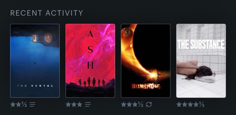 Screenshot from the Letterboxd app of my last four films watched. Posters left to right are from The Rental, Ash, Sunshine, and The Substance.