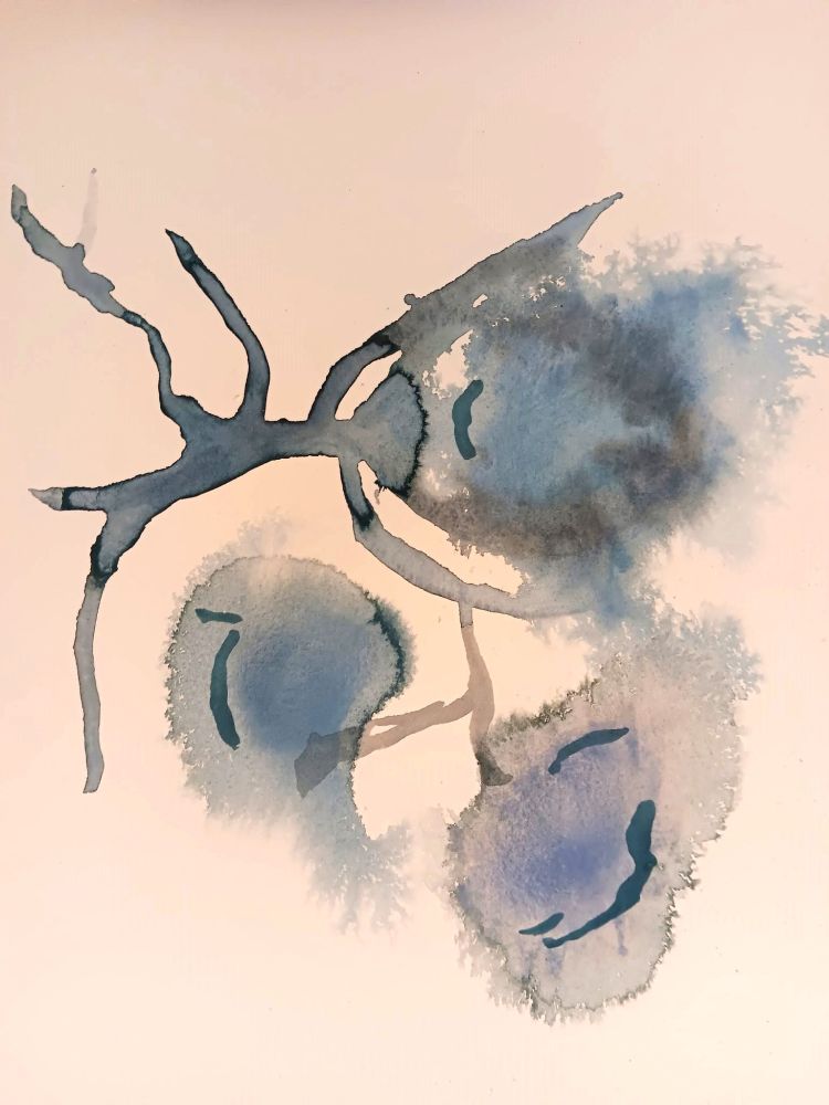 Fading light blue flowers. Watercolor on paper.