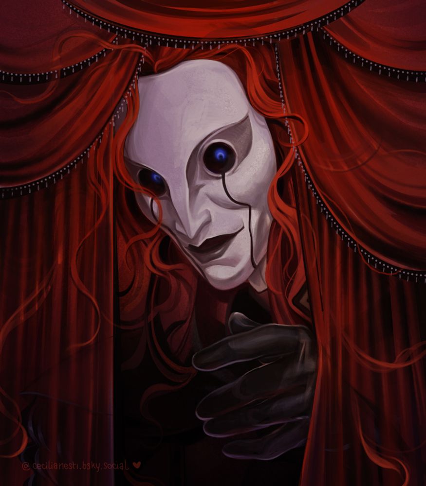 Bolaire Lathalia from Critical Role campaign 4, wearing a bone white mask, peeking through red theatre courtains. His red hair overlaps with the velvet. 