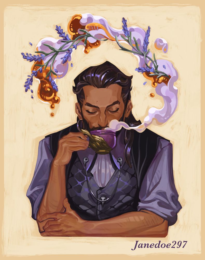 Lucanis Dellamorte from Dragon Age the Veilguard drinking coffee, the steam rising from the cup entangled with both honey and lavender. He looks content, eyes closed.