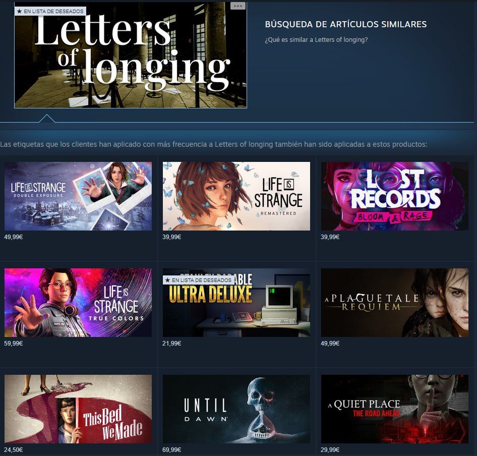The game "Letters of longing" on the steam store and similar games acording to steam such as "Life is strange" series or "Until Dawn"