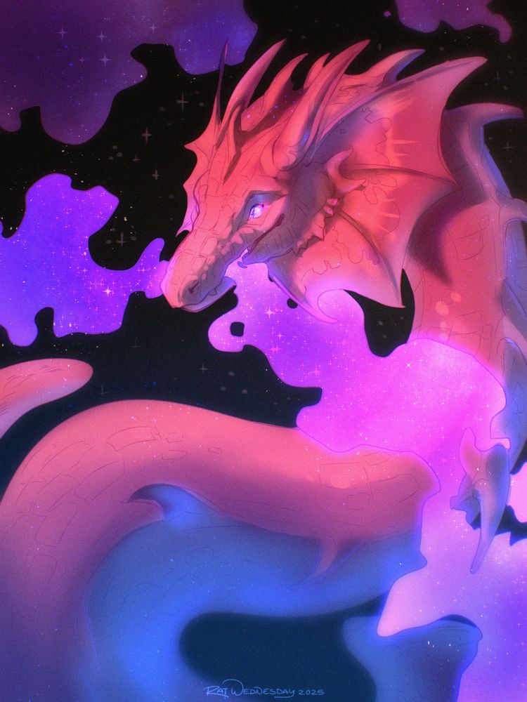 A pink dragon in space, exhaling a nebula filled with stars.