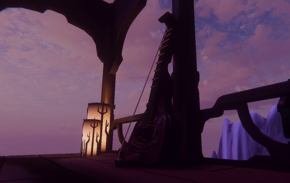 A pair of lanterns and an alien instrument that looks like a cello