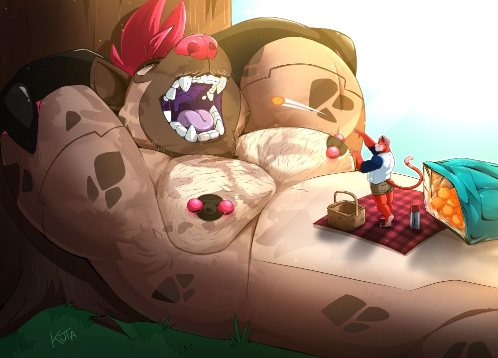Illustration - Tiny cat Crumpet having a picnic on Kutas belly. Hes tossing cheetos into Kutas mouth.