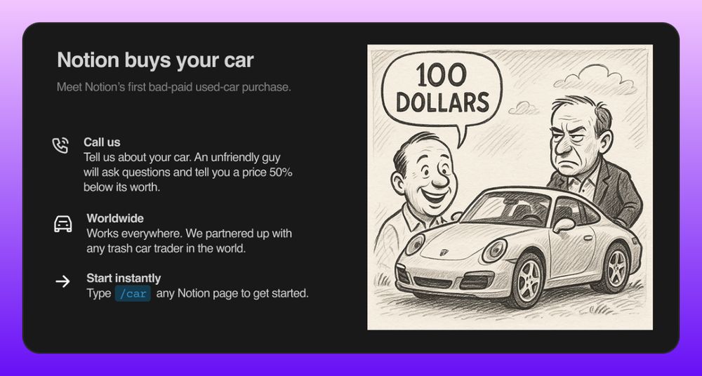 An image showing a notion-typical popup where they offer trash car purchases